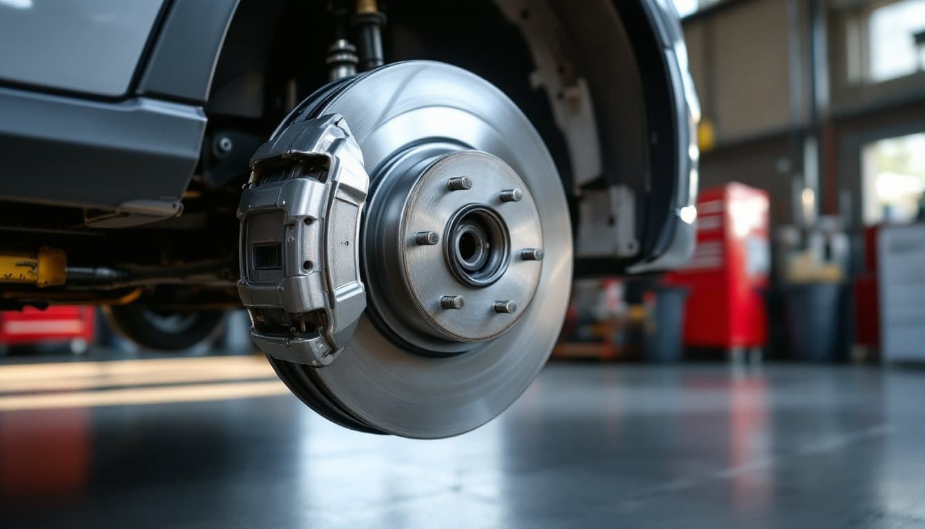 A car on a lift with its front wheel off, showing a new brake rotor and caliper, with red tool chests in the background of the repair shop