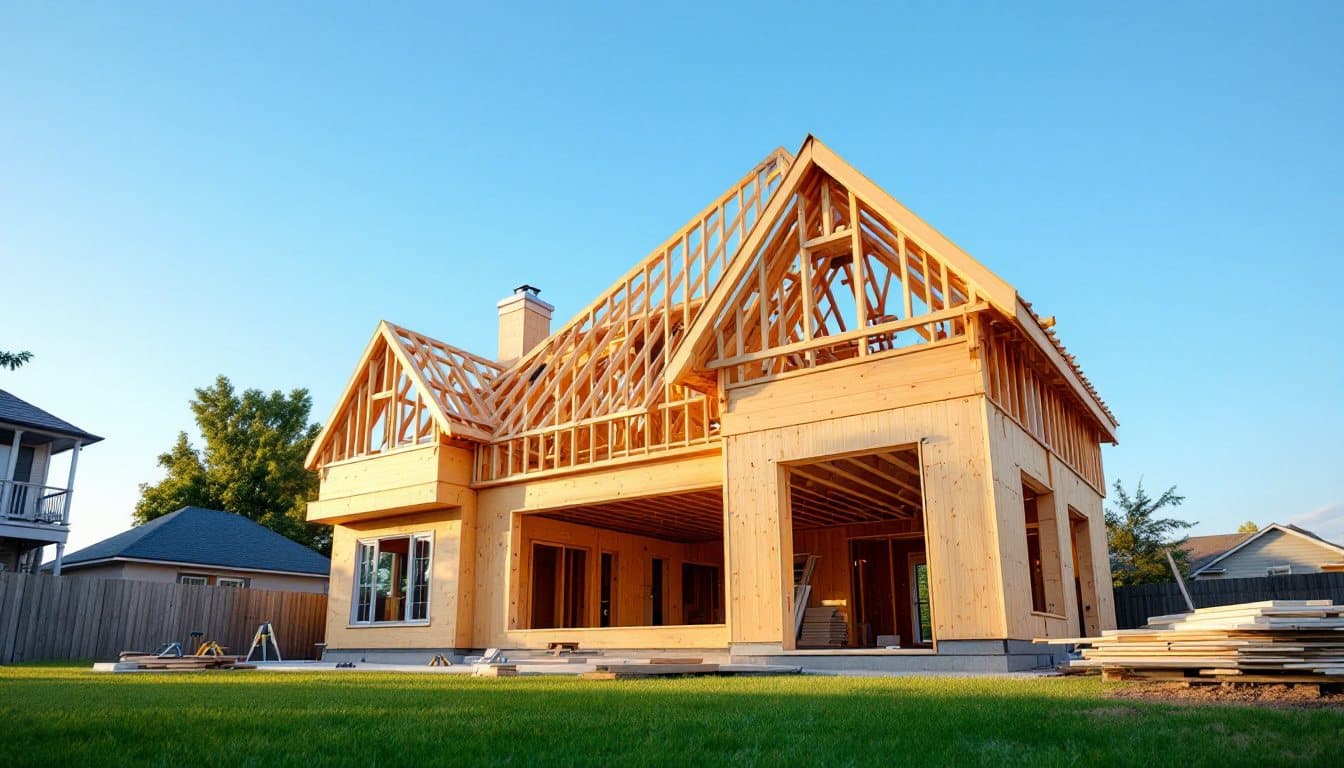 A house under construction in fresh wood framing and roof trusses, with stacked lumber on the lawn under a clear blue sky