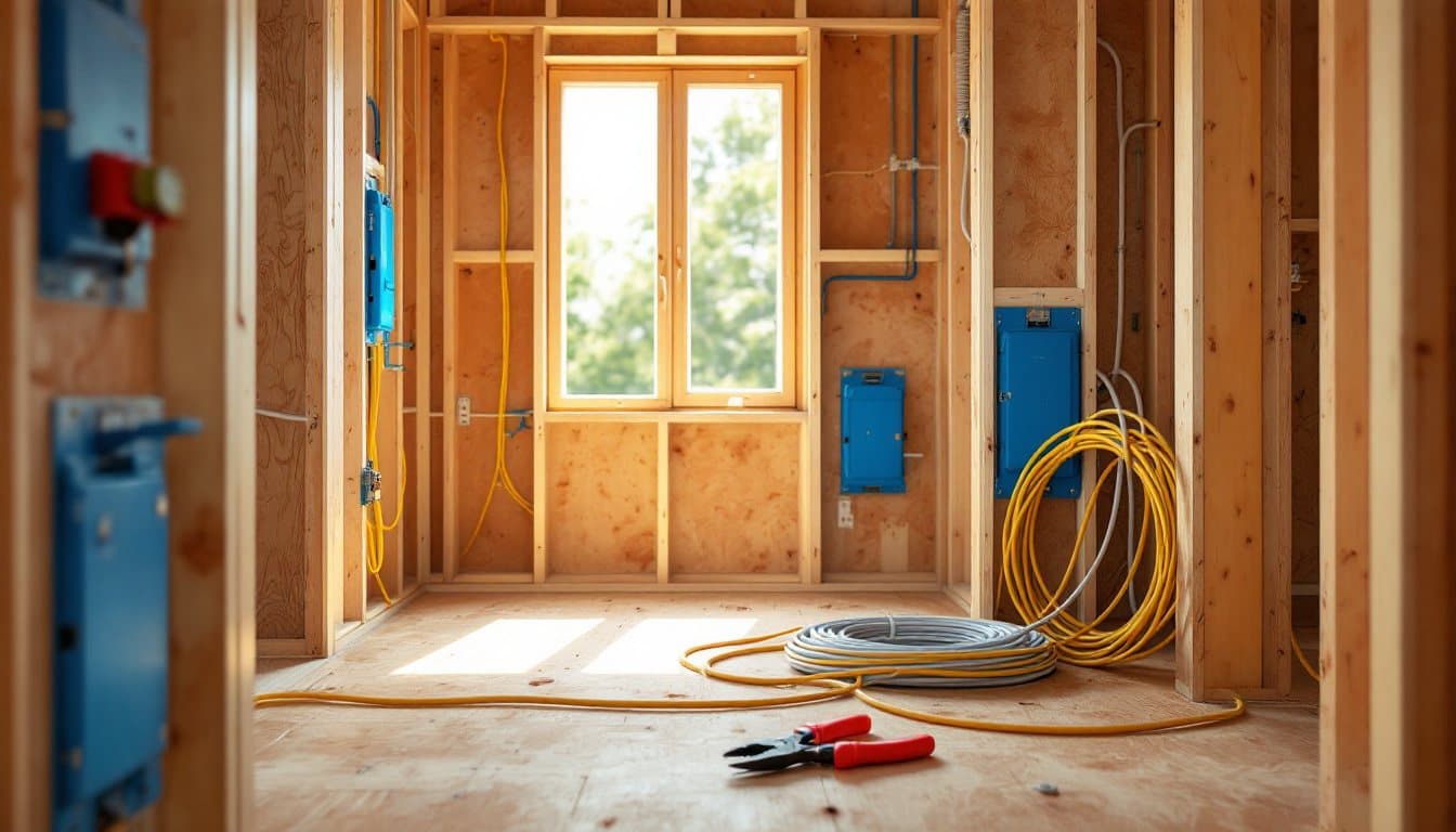 A house under construction with open wood stud walls, blue electrical boxes, coils of yellow and gray cable on the plywood floor and red-handled pliers