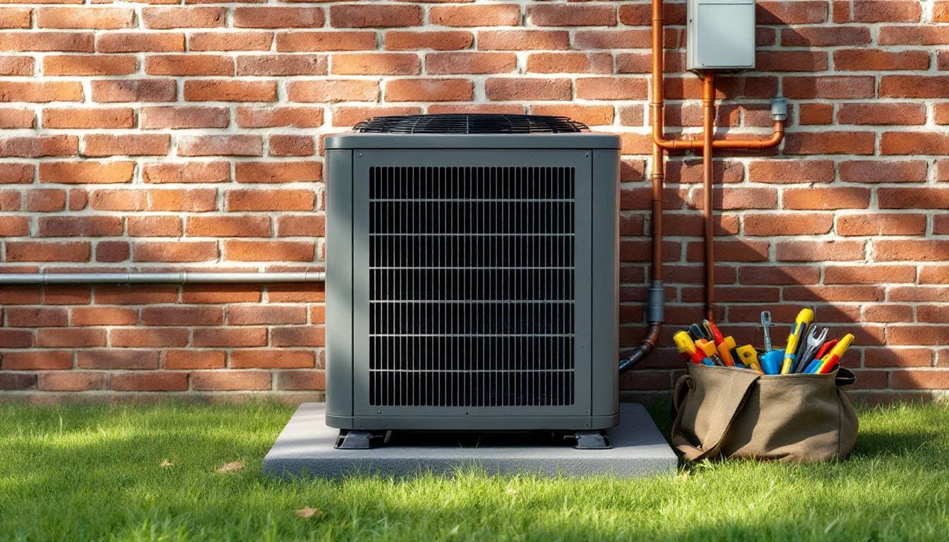 An outdoor air-conditioning unit on a concrete pad beside a brick house wall, with copper lines running into the wall and a canvas tool bag on the grass