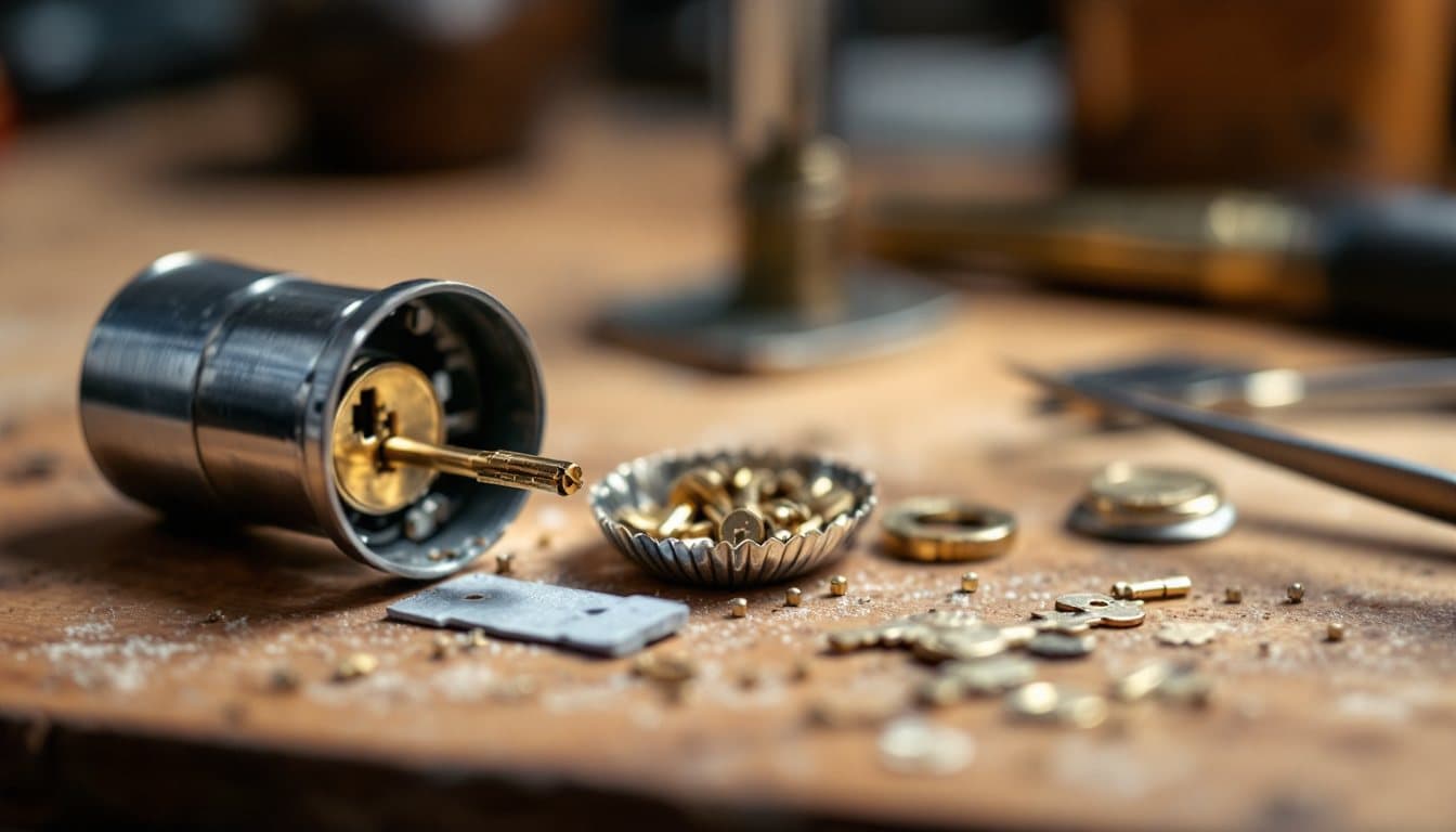 A lock cylinder taken apart on a wooden workbench, with small brass pins in a metal tray and tweezers beside it