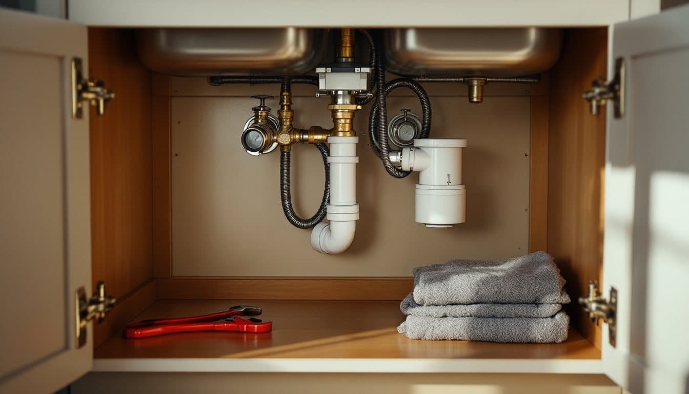 The open cabinet under a kitchen sink, with brass and chrome shut-off valves, braided supply hoses, a white drain trap, a red pipe wrench and folded towels