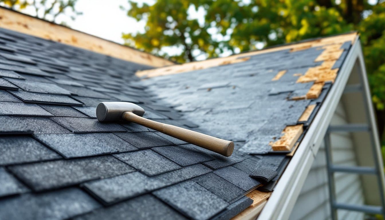 Dark asphalt shingles on a house roof under repair, with a wooden-handled hammer resting on the shingles and a ladder at the roof edge