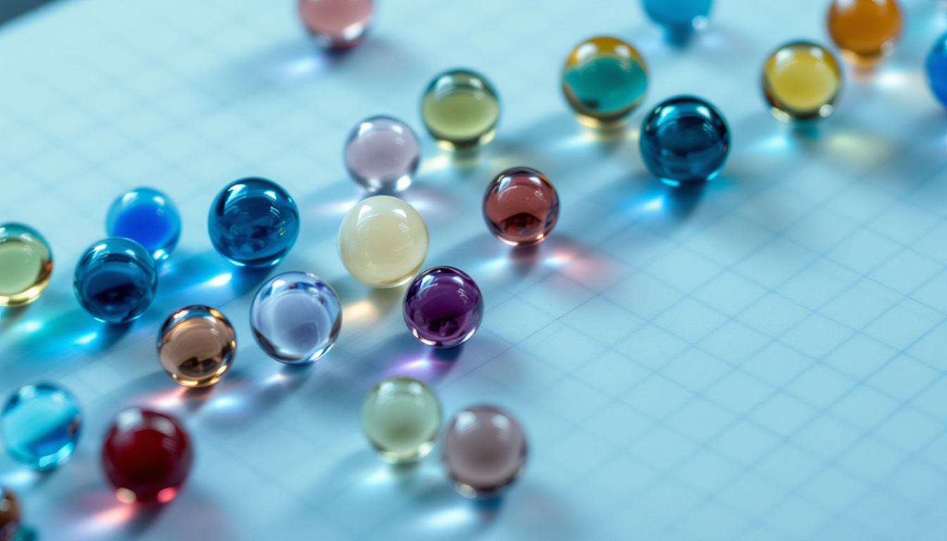 Several glass marbles of different colours scattered across a sheet of graph paper on a desk