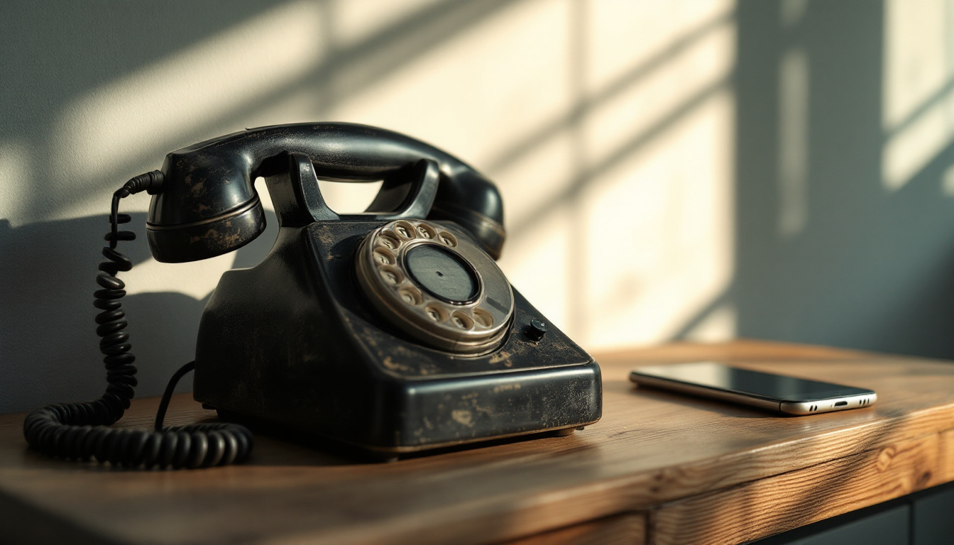 An old black rotary dial telephone on a wooden shelf beside a modern smartphone in raking afternoon light