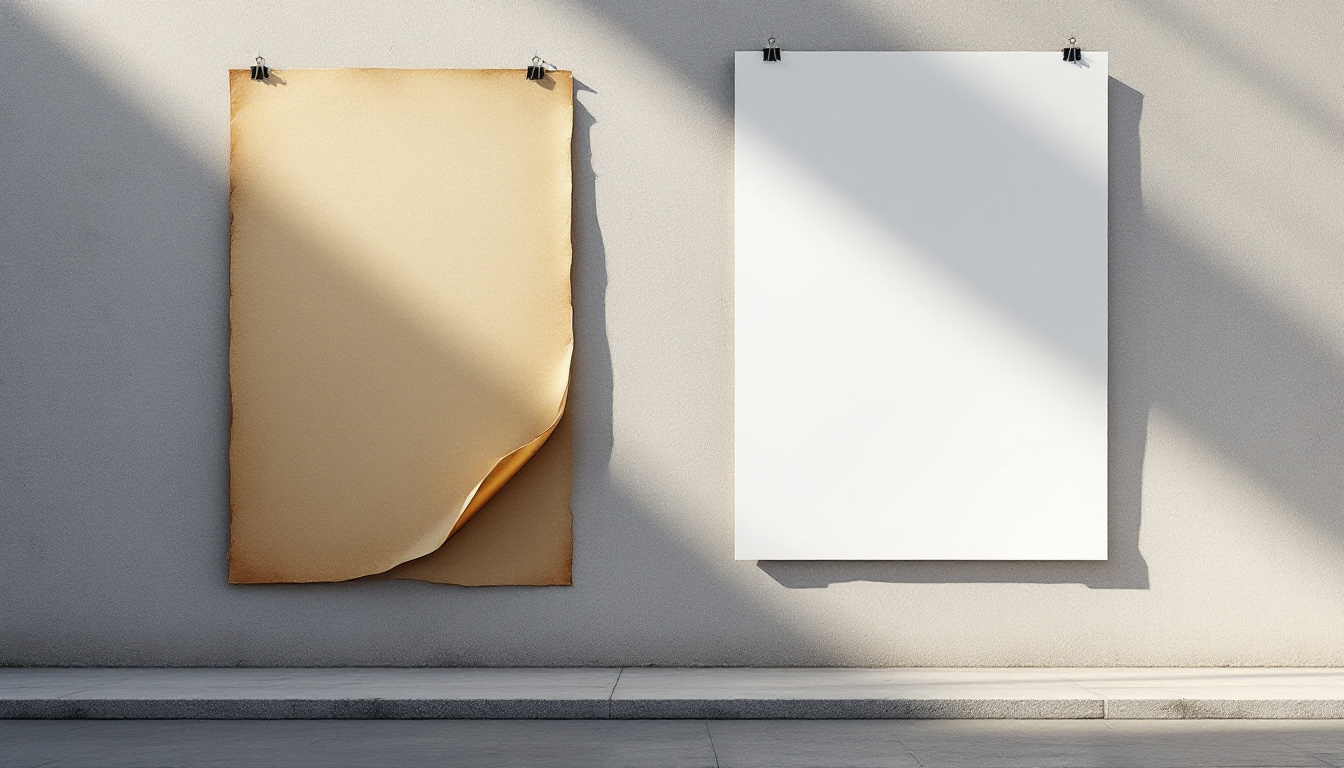A faded paper poster on a wall, one corner lifting, beside a crisp newly printed one
