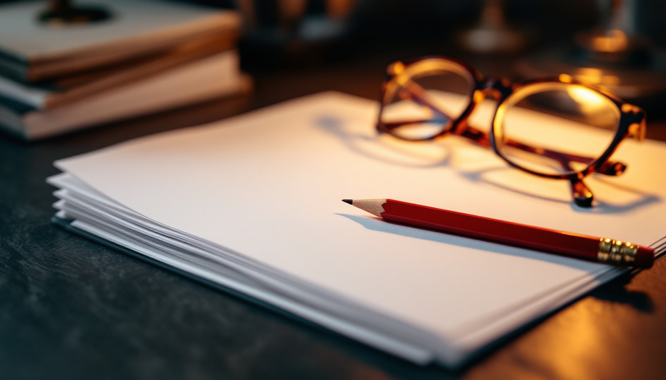 A red editing pencil resting on a stack of blank paper beside reading glasses under warm lamp light