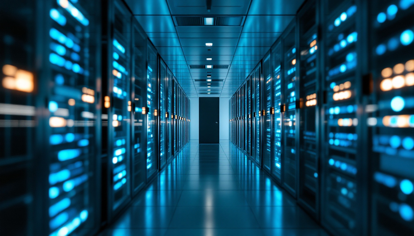 A data centre aisle lined with server racks and blue status lights receding into the distance