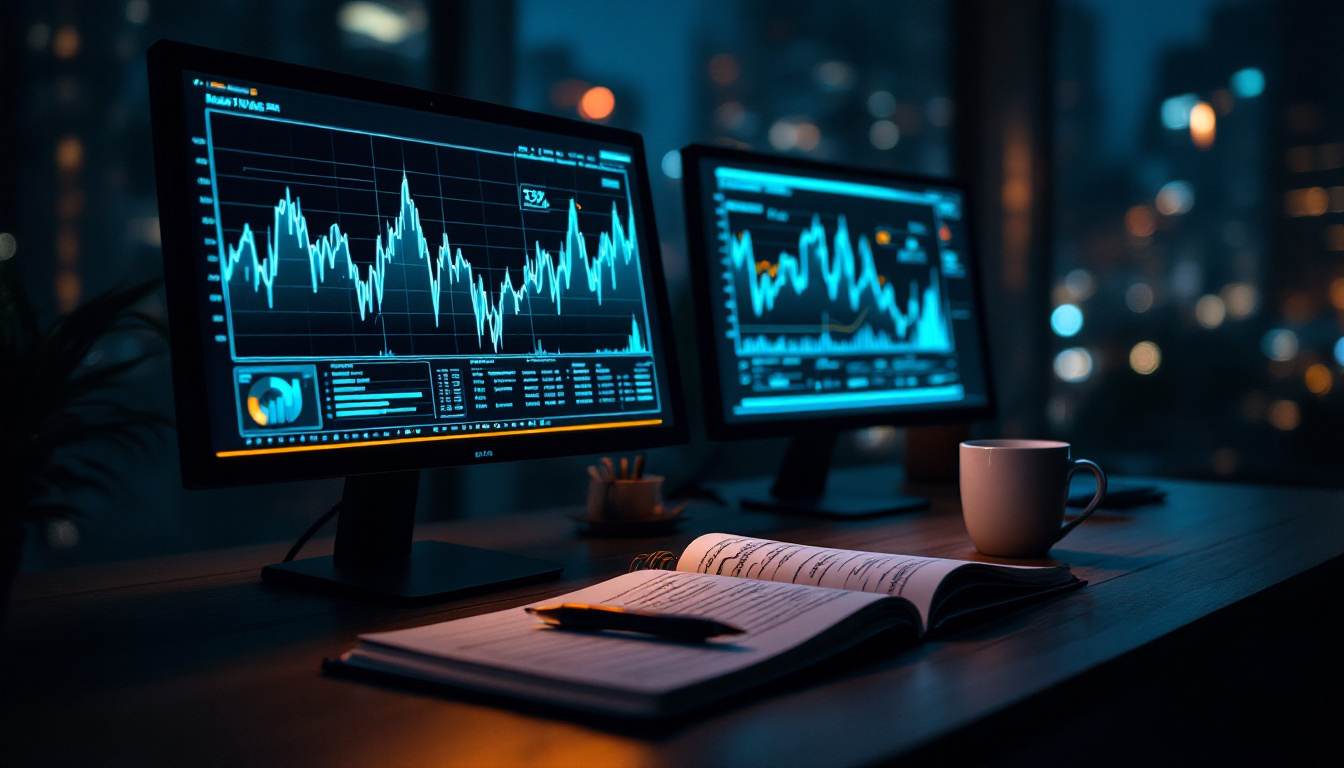 A dimly lit desk at night with two monitors showing line charts, a notebook and a cooling cup of coffee