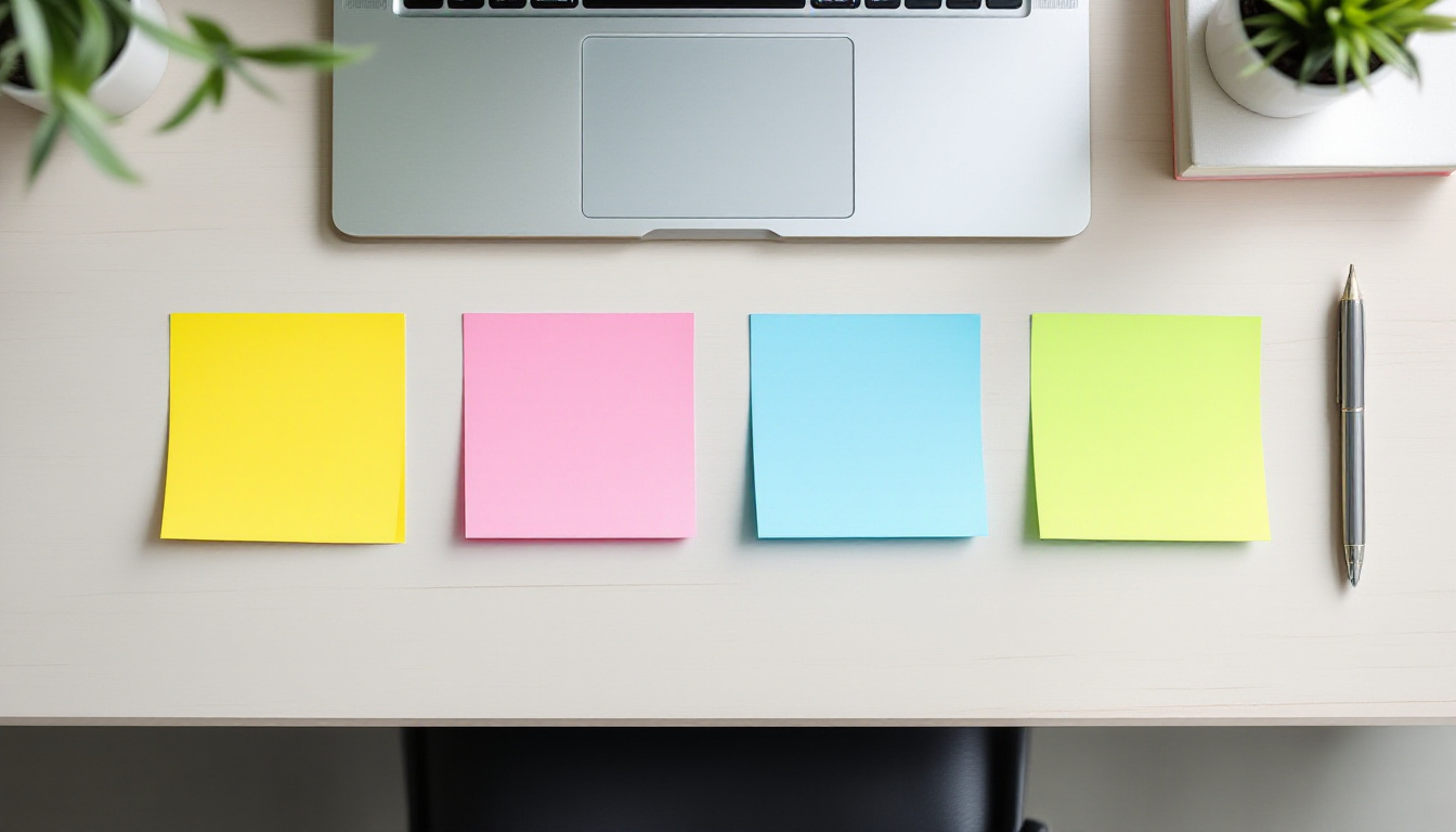 Four blank coloured sticky notes arranged in a row on a pale desk below a laptop, photographed from above