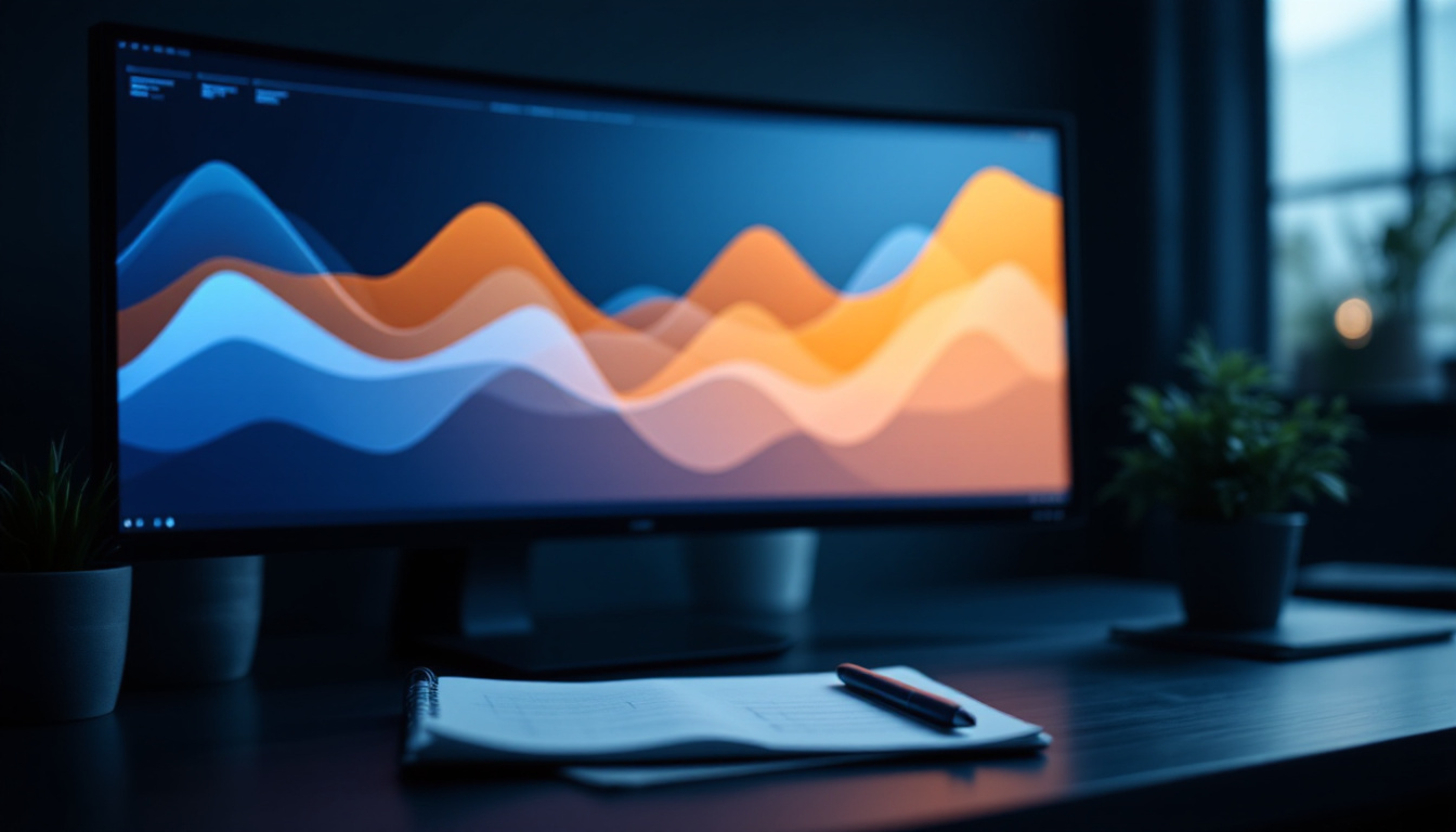 A desk with a large monitor displaying overlapping line graphs in blue and orange, notepad in the foreground