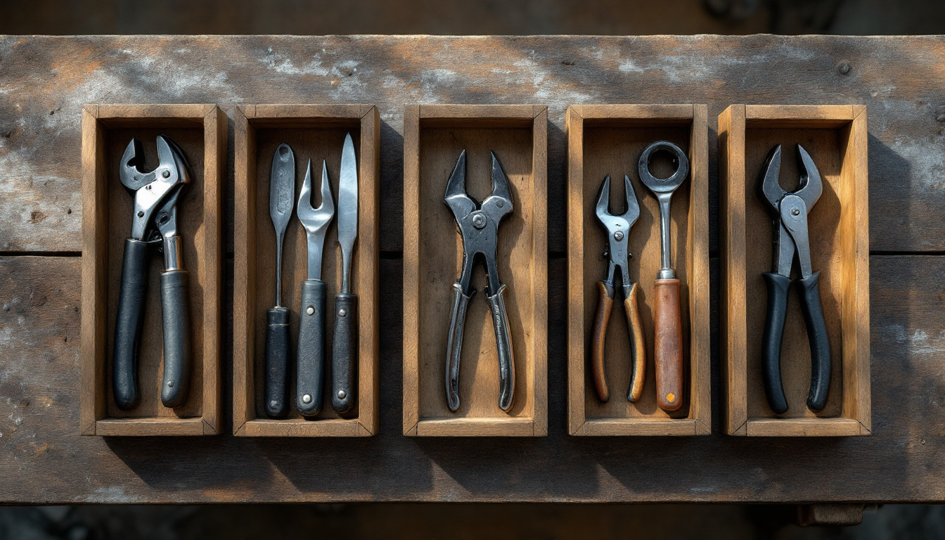Five sets of hand tools arranged in separate wooden trays on a weathered workbench