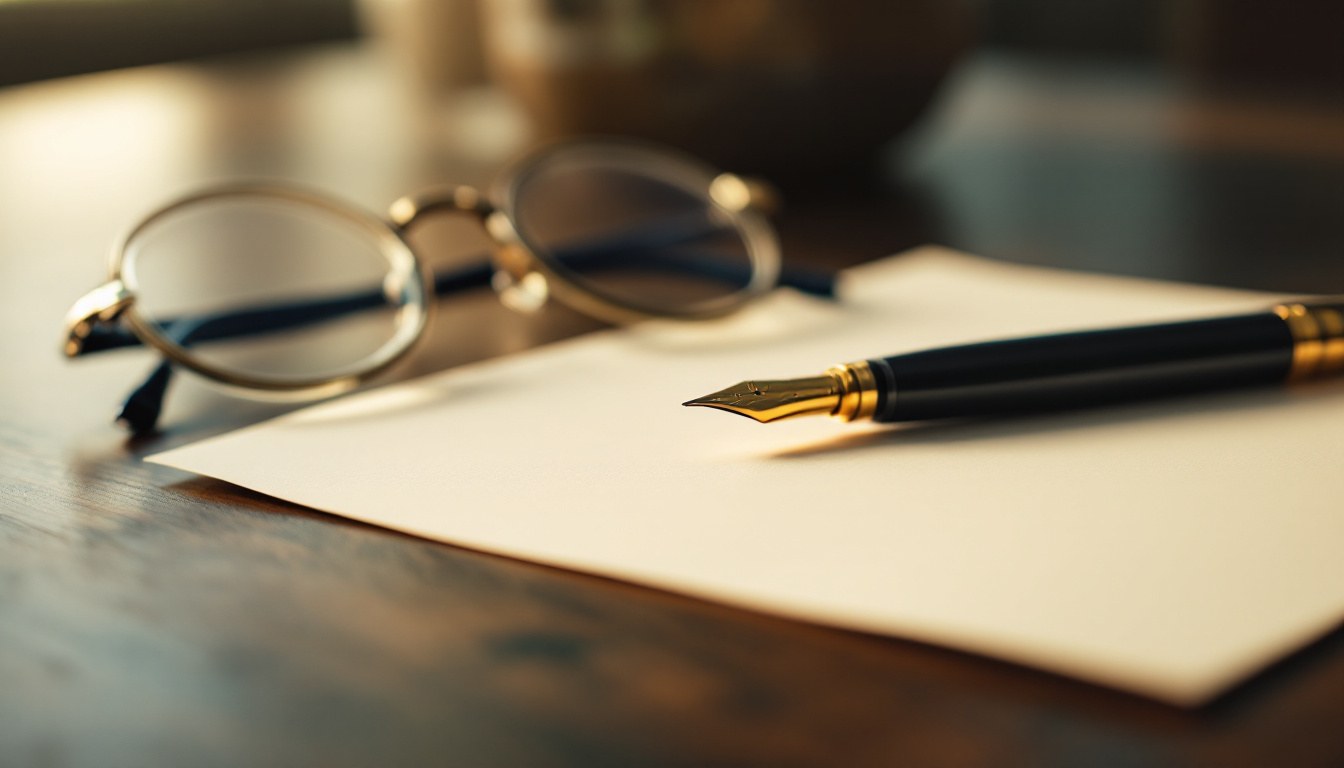 A fountain pen resting on a blank cream sheet of paper beside a pair of reading glasses on a wooden desk