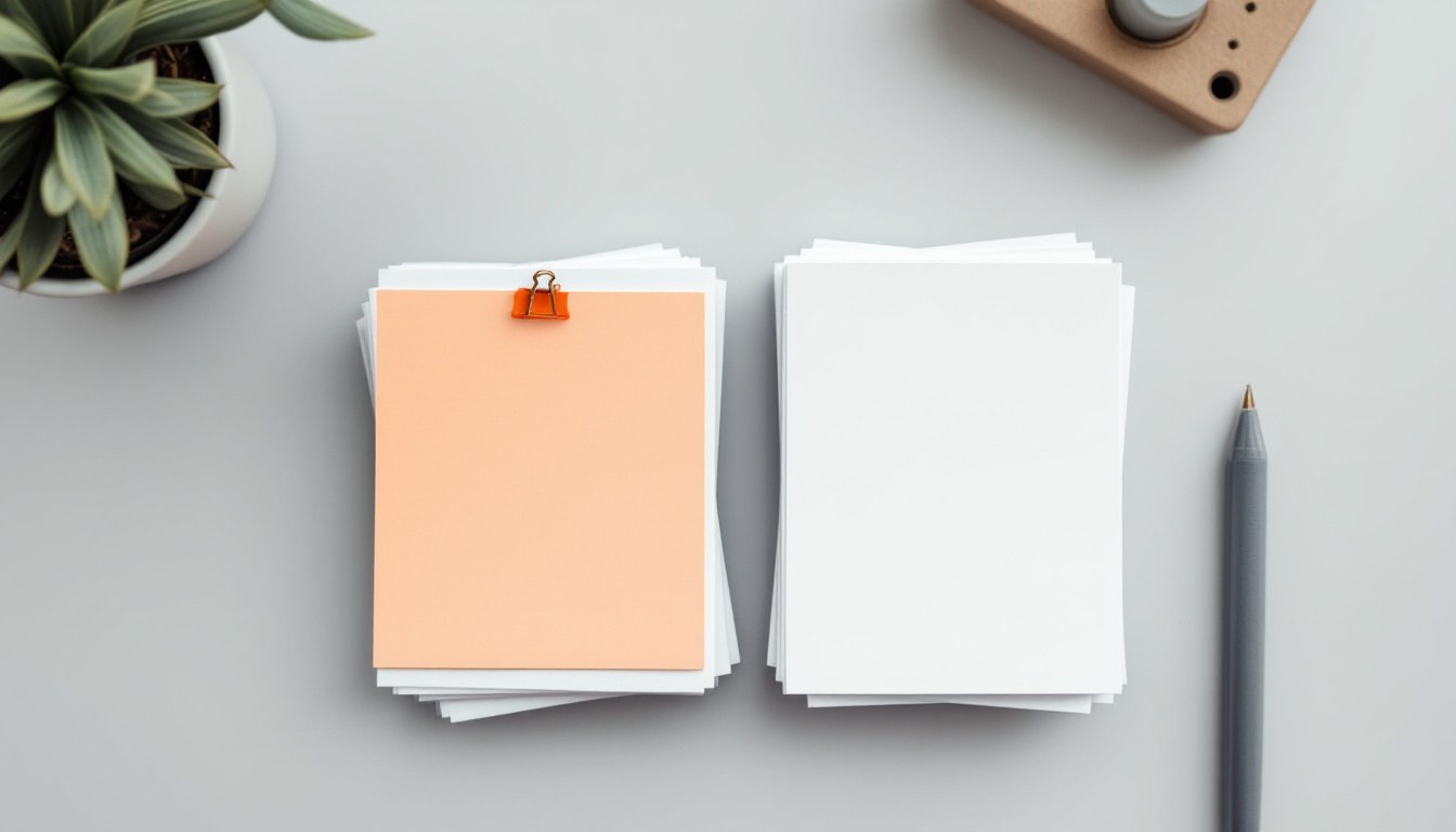 Two stacks of blank cards on a grey desk, one topped with an orange card and clip and the other plain white
