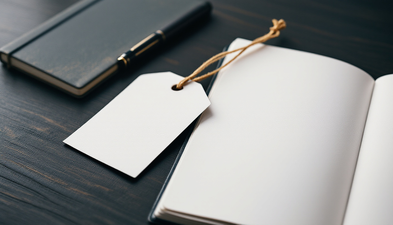 A blank paper price tag resting on an open notebook beside a pen on a dark desk
