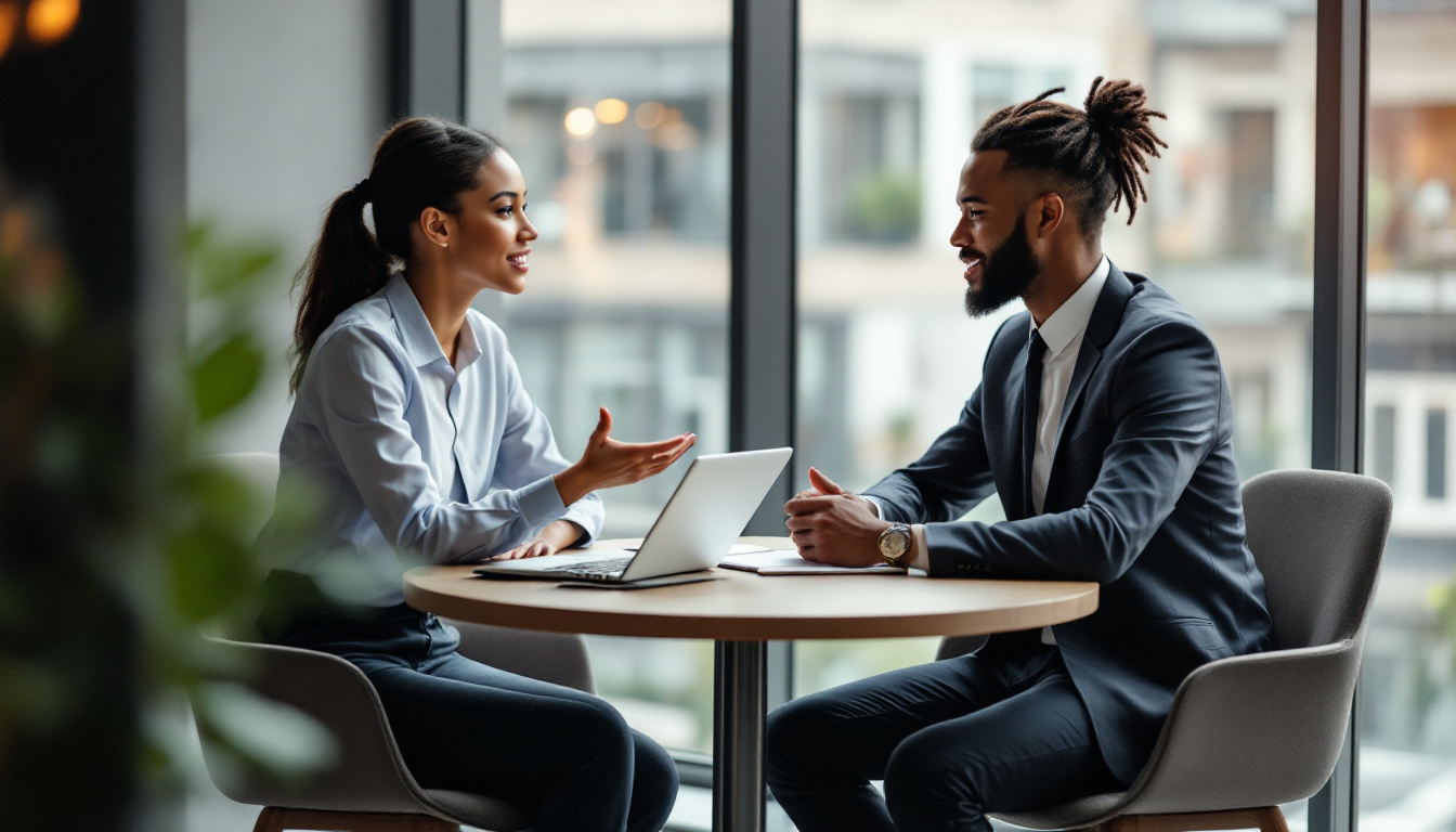 Two people talking across a small meeting table with a notebook and a laptop between them