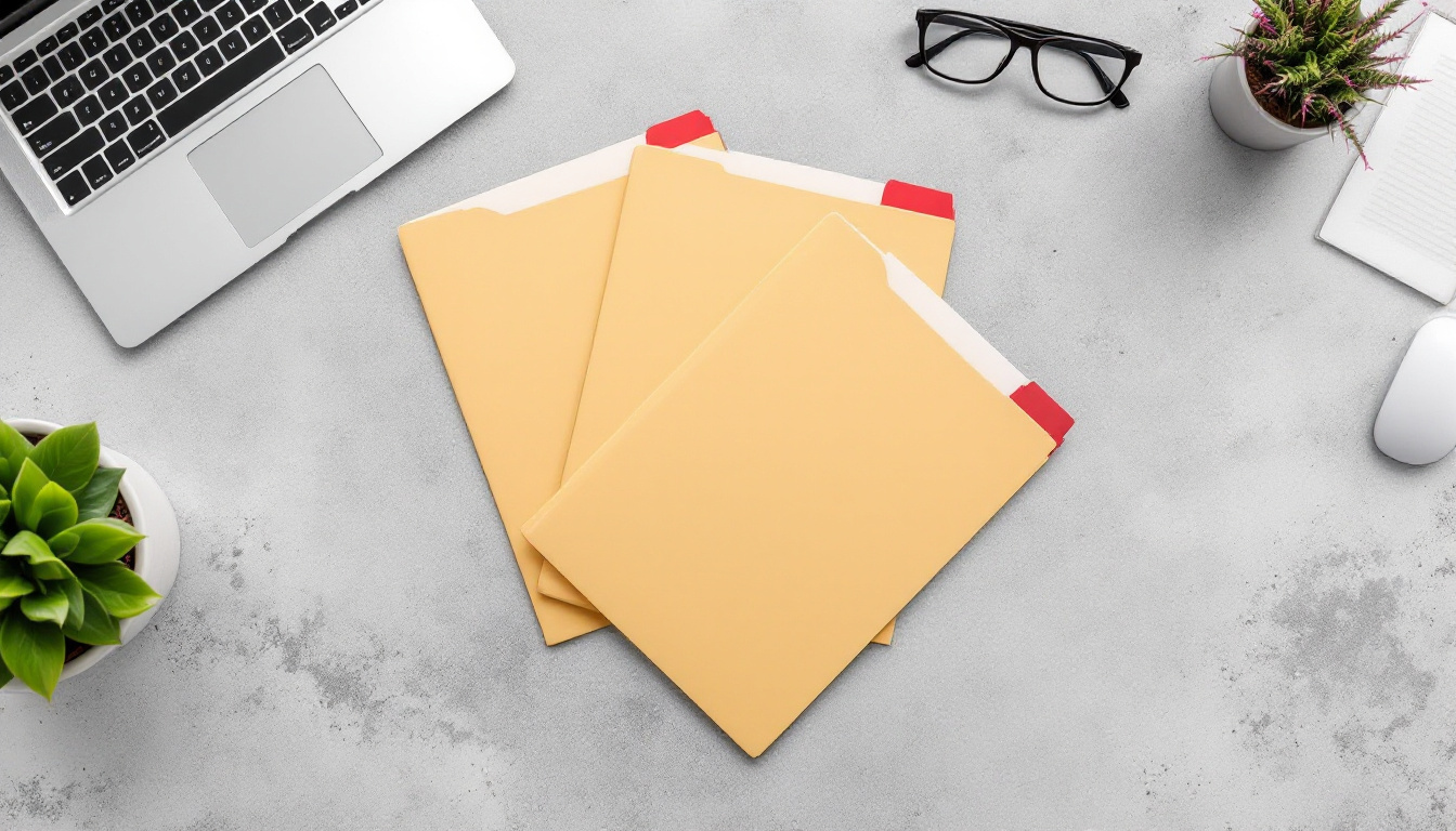 Editorial photograph of three labelled folders fanned across a desk beside a laptop and notebook