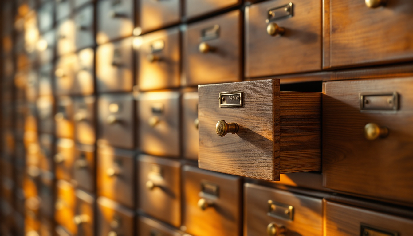 A grid of identical wooden filing drawers with brass handles, one drawer pulled open