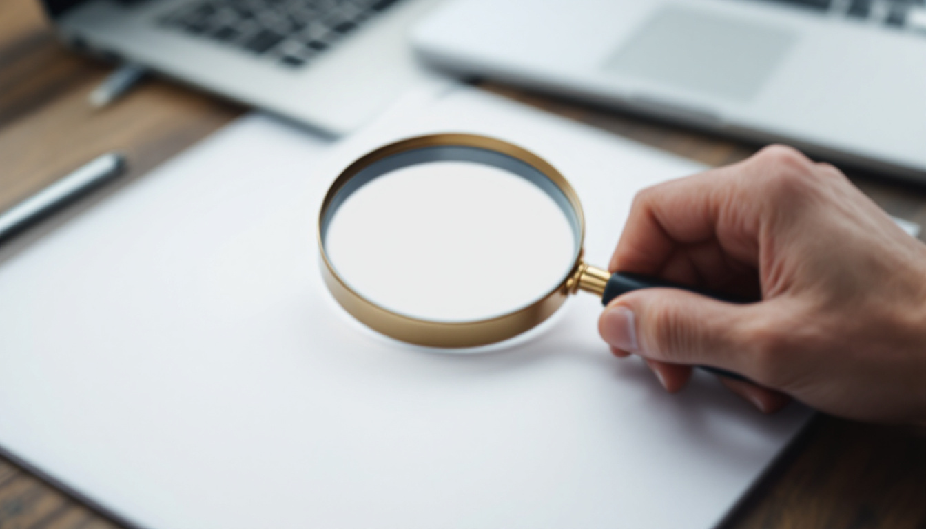 A hand holding a magnifying glass over a blank sheet of paper on a desk beside a laptop