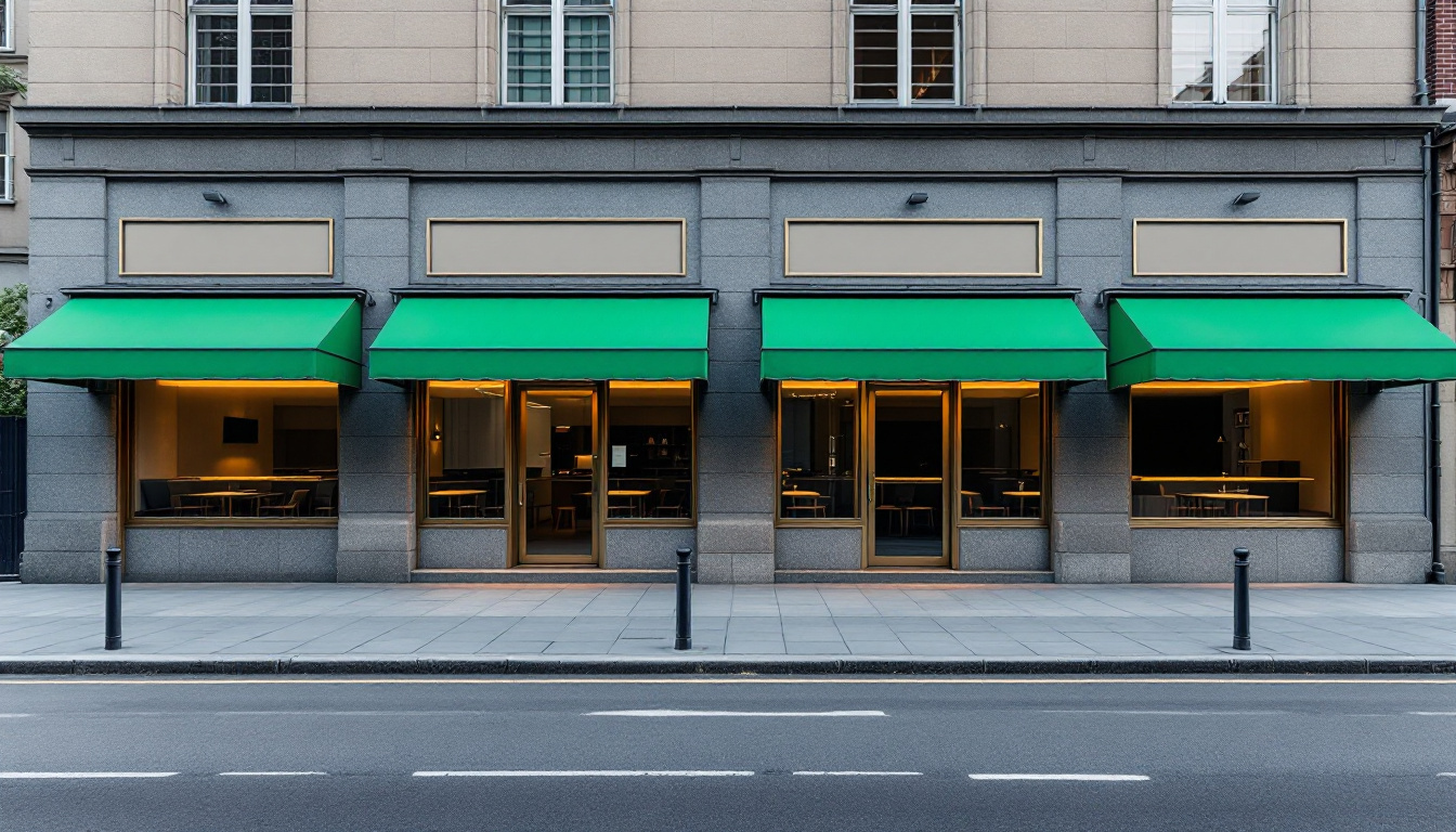 Four identical shopfronts with matching green awnings and blank signboards on a quiet street