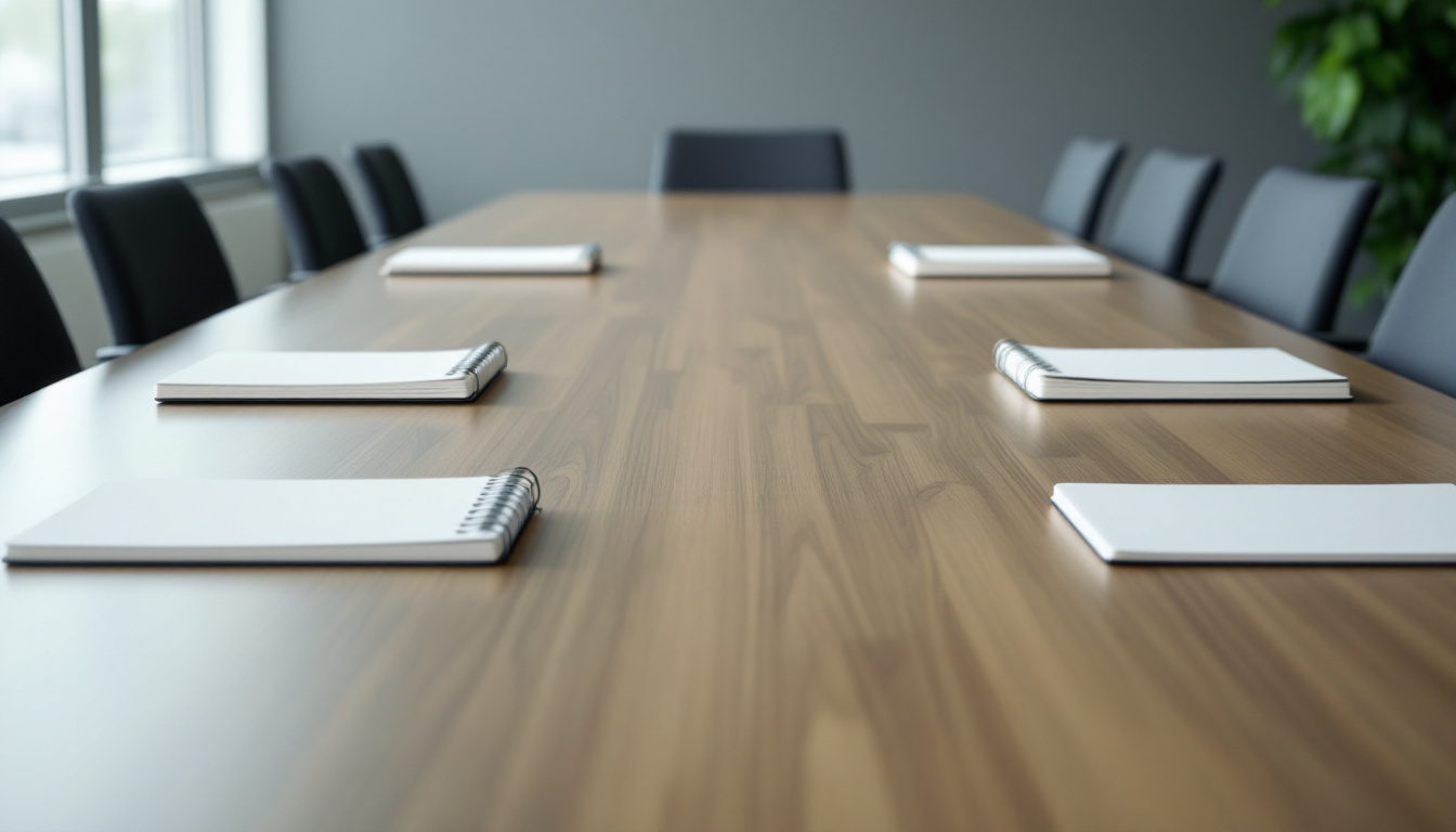 An empty boardroom table with blank notepads set out at several seats