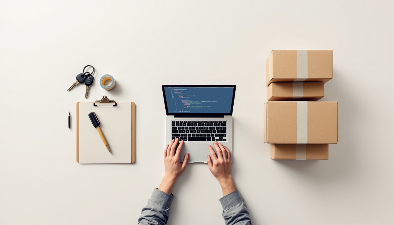 Editorial photograph of three separate desk setups representing a service van, a software team and a warehouse shelf