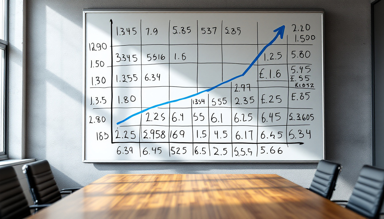 A whiteboard covered in handwritten figures and a simple line chart, photographed in a meeting room