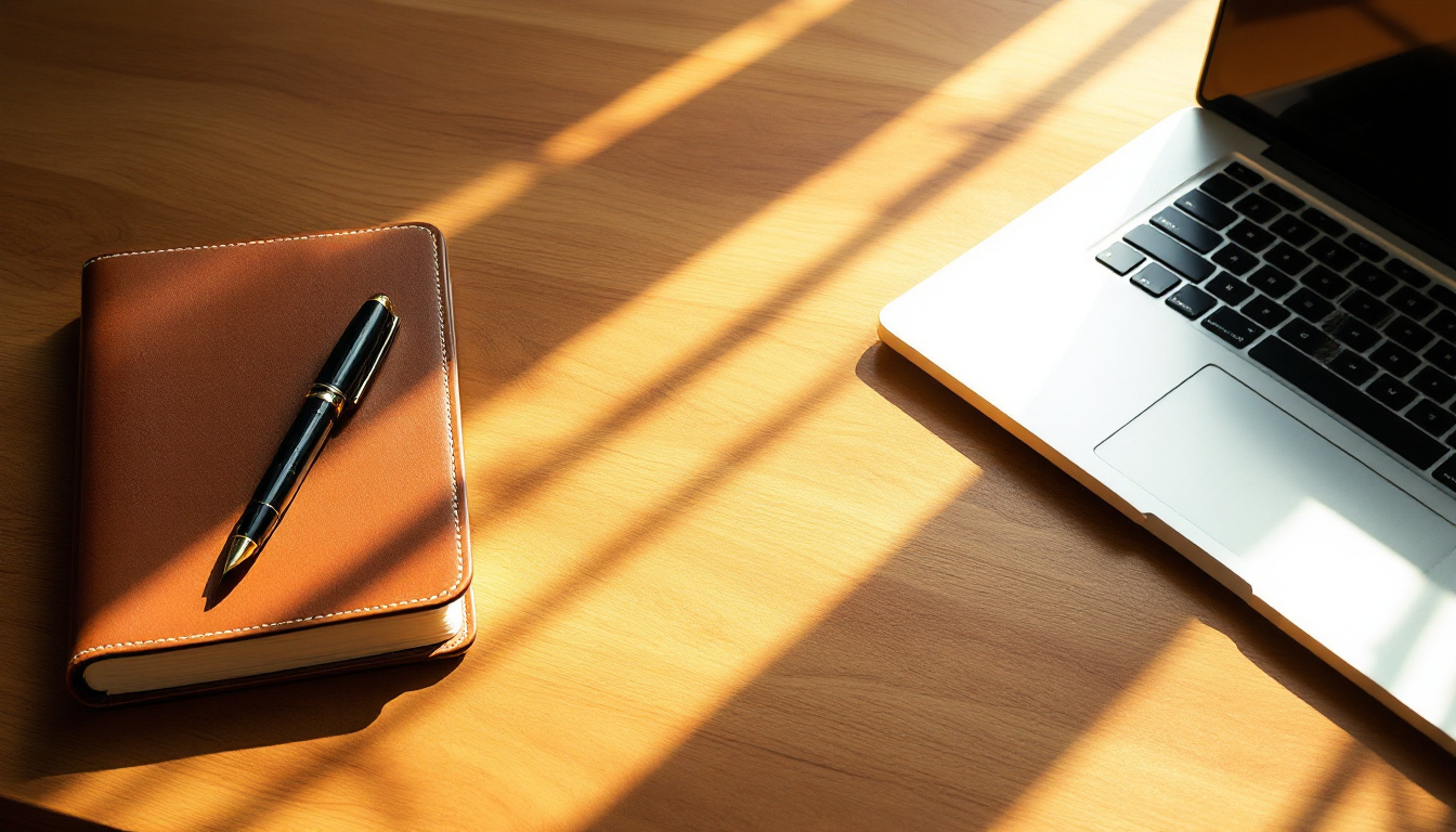 A wooden desk in afternoon window light with a closed leather notebook and pen on one side and a laptop on the other