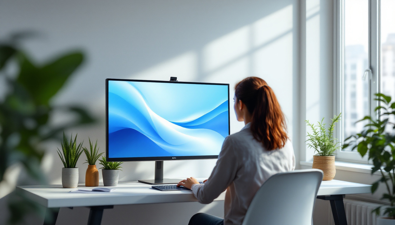 A person at a bright minimal desk working at a large monitor beside a sunlit window