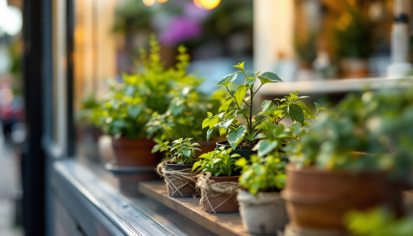Potted herbs on the inside window sill of a small shop, photographed through the glass in afternoon sun
