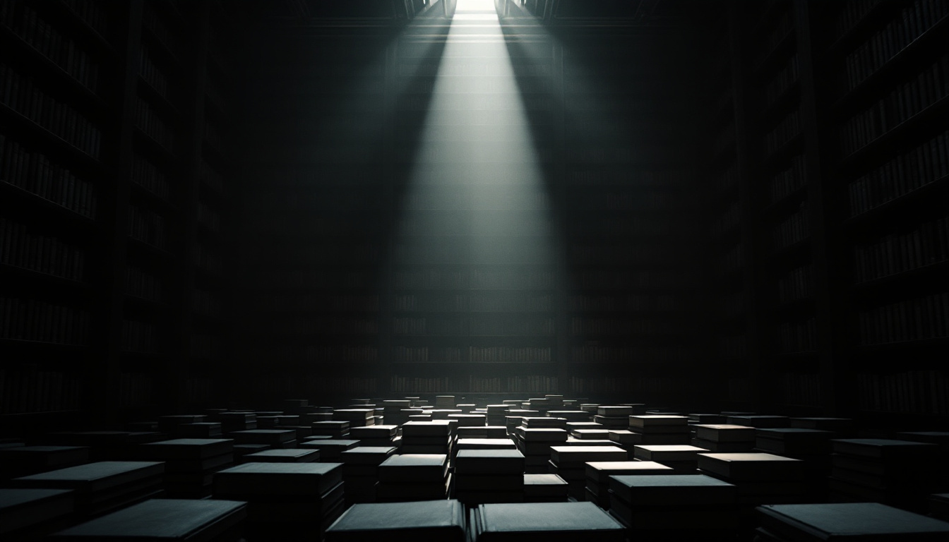 A dark library interior with a single shaft of light falling across stacks of books