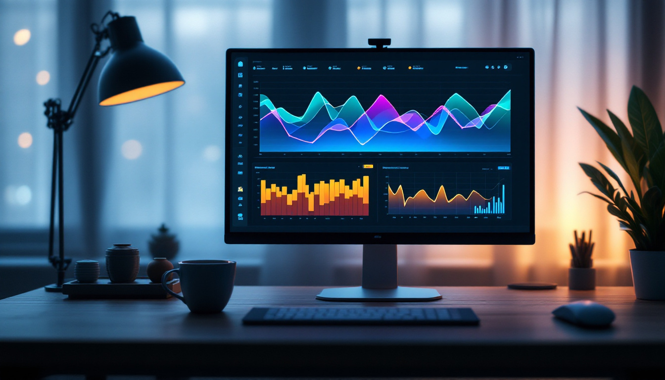 Editorial photograph of a monitoring dashboard showing multiple overlapping trend lines on a dark desk