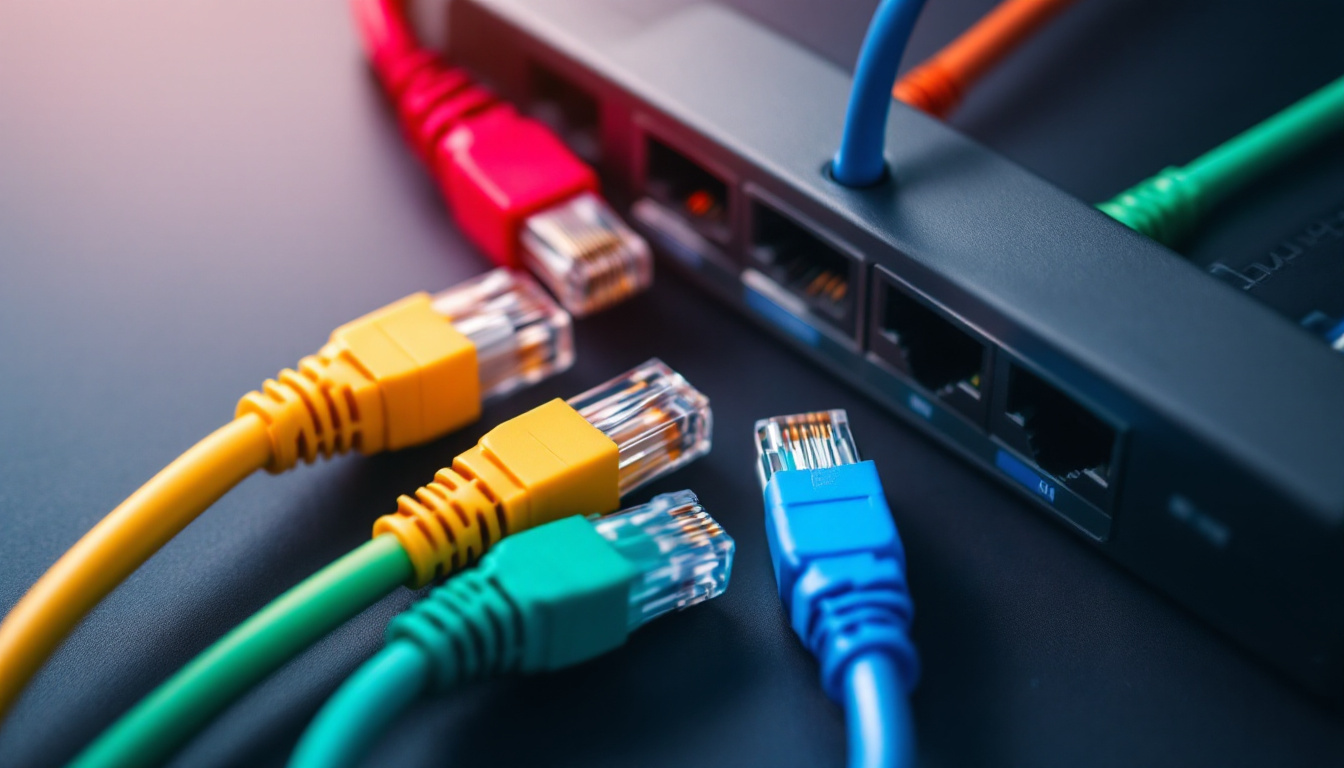 Six coloured cables converging into a single network switch on a clean desk surface