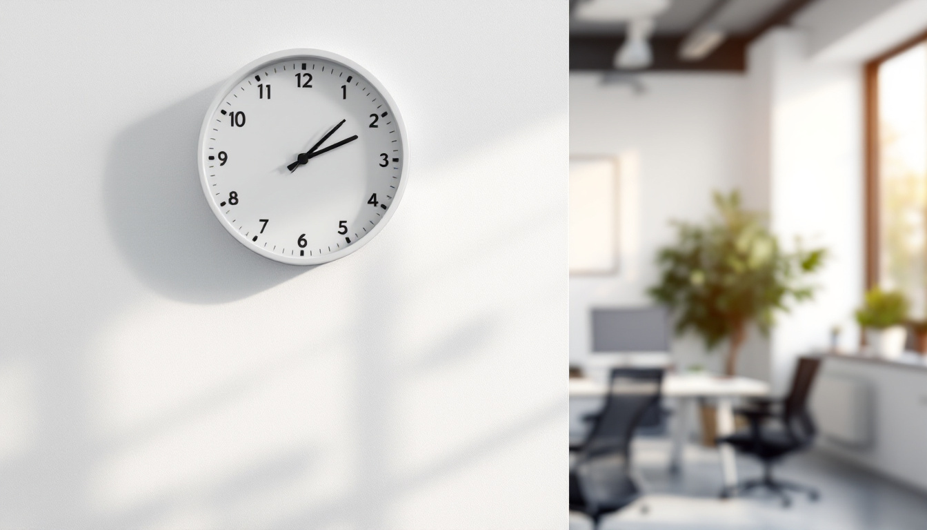 A wall-mounted analogue clock in a bright modern office with a blurred desk and monitor behind it
