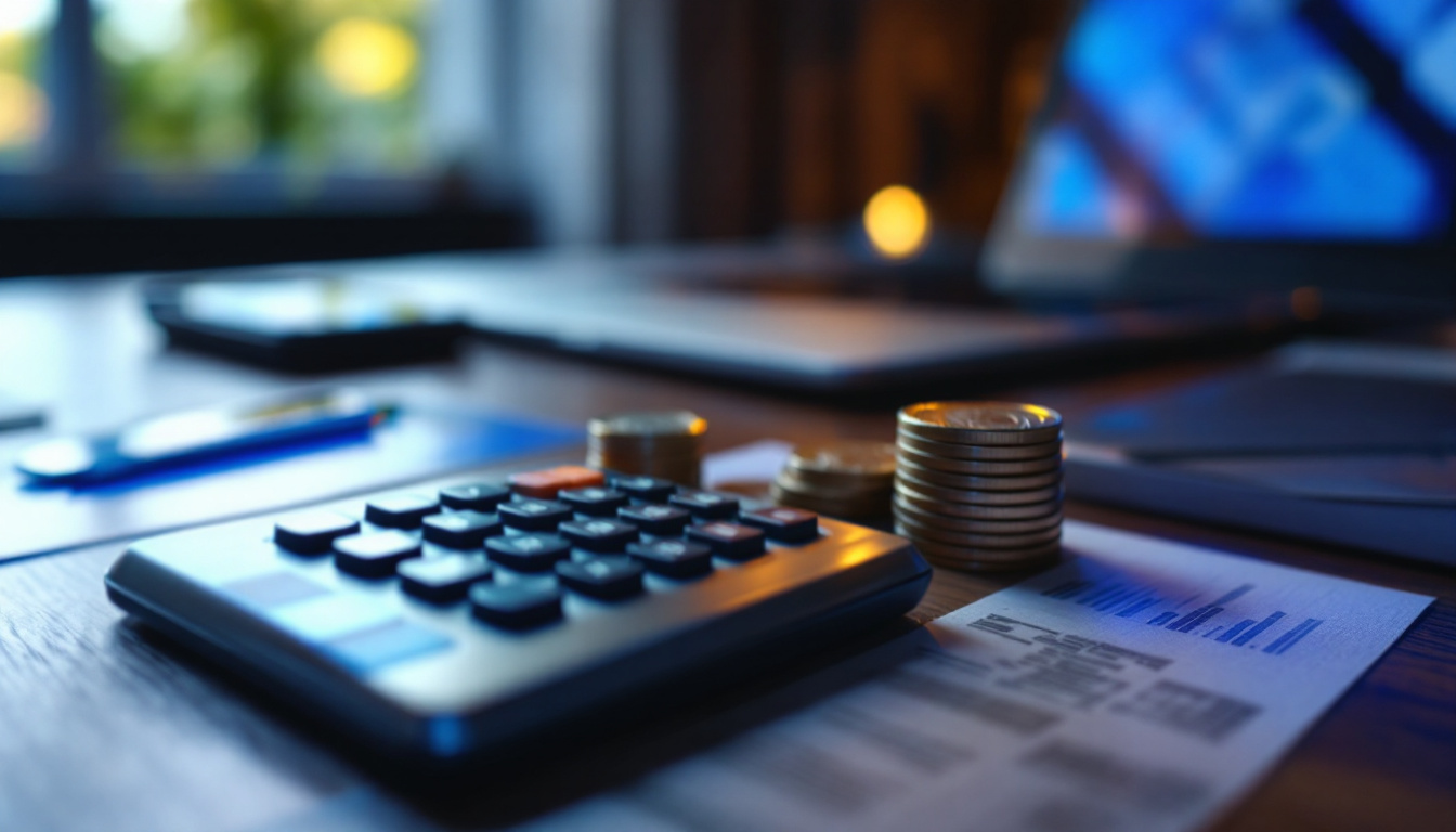 Close-up of a calculator and a stack of coins on a desk with a blurred laptop screen behind