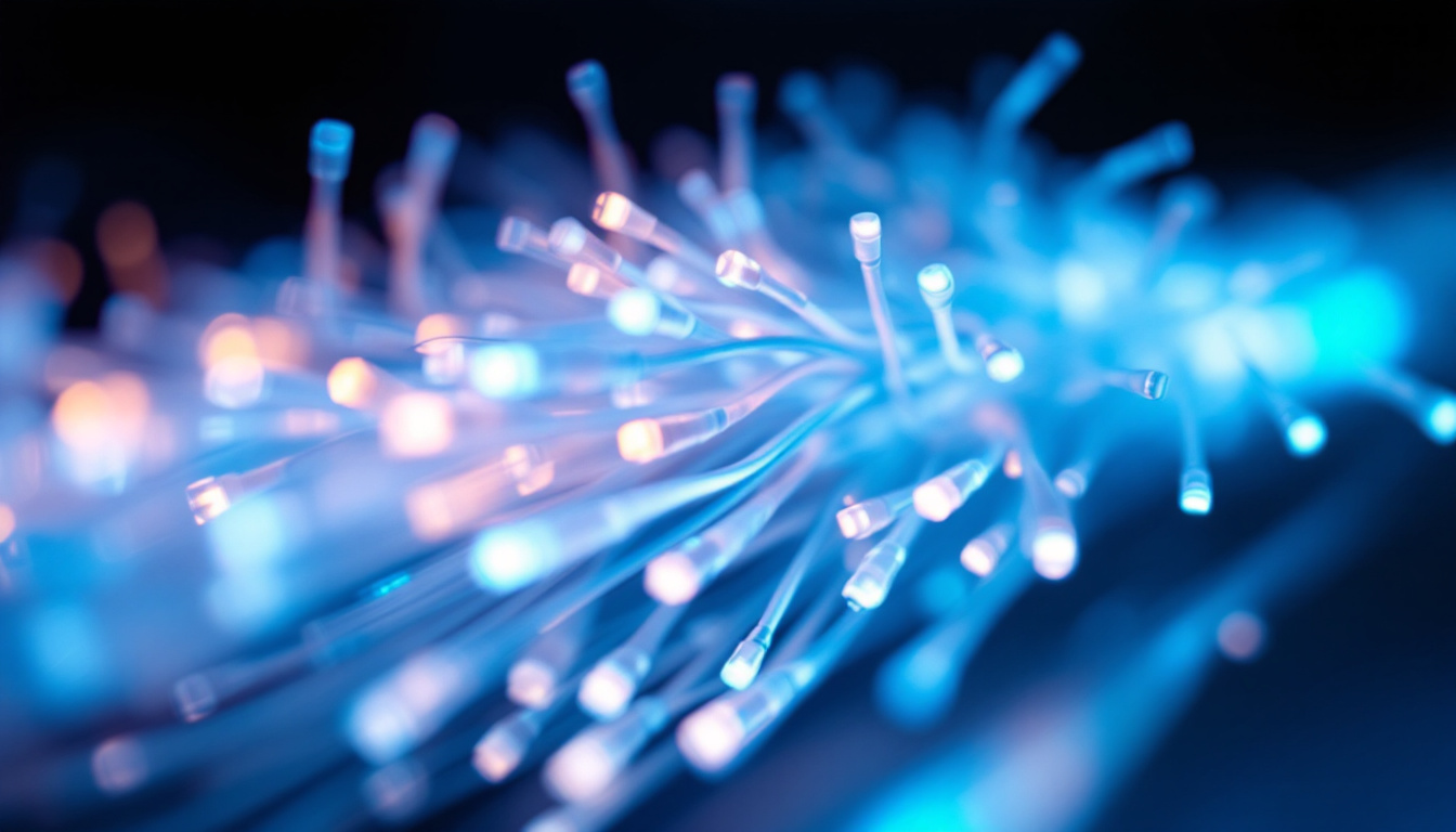 Fibre-optic cables glowing blue and white against a dark background, shallow depth of field
