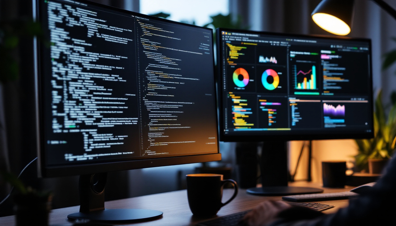 A developer workstation showing raw HTML source code beside a rendered web page on a second monitor