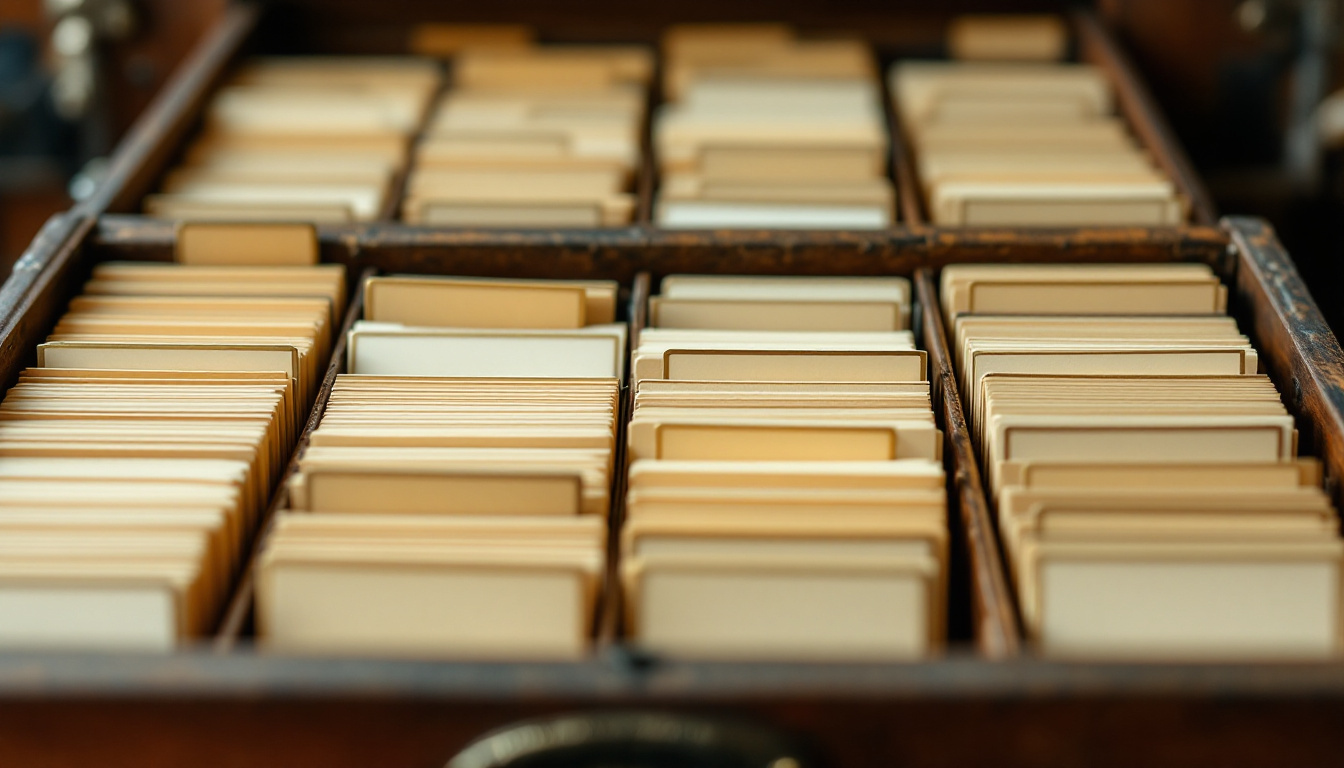 An old wooden card index drawer pulled open, showing rows of blank index cards