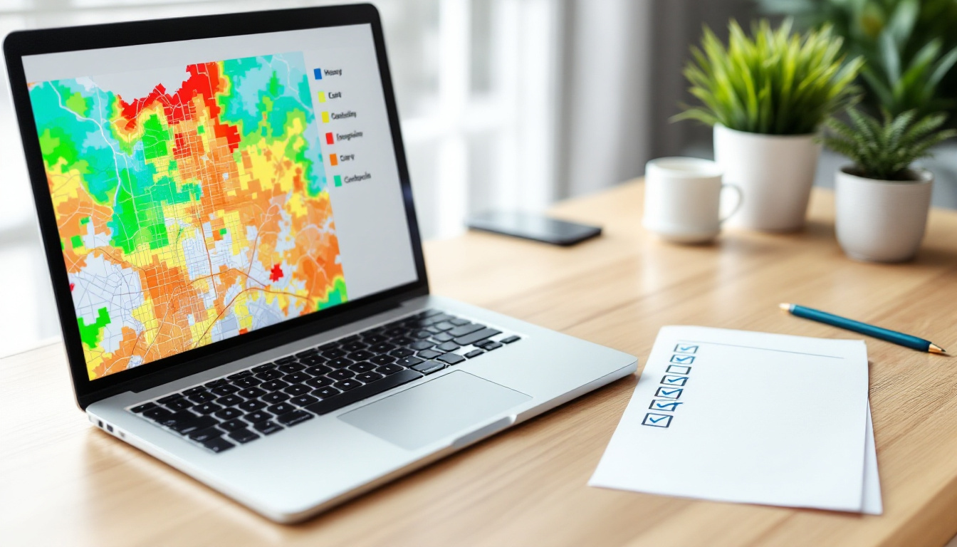Editorial photograph of a laptop showing a map-based rank heatmap beside a printed directory checklist