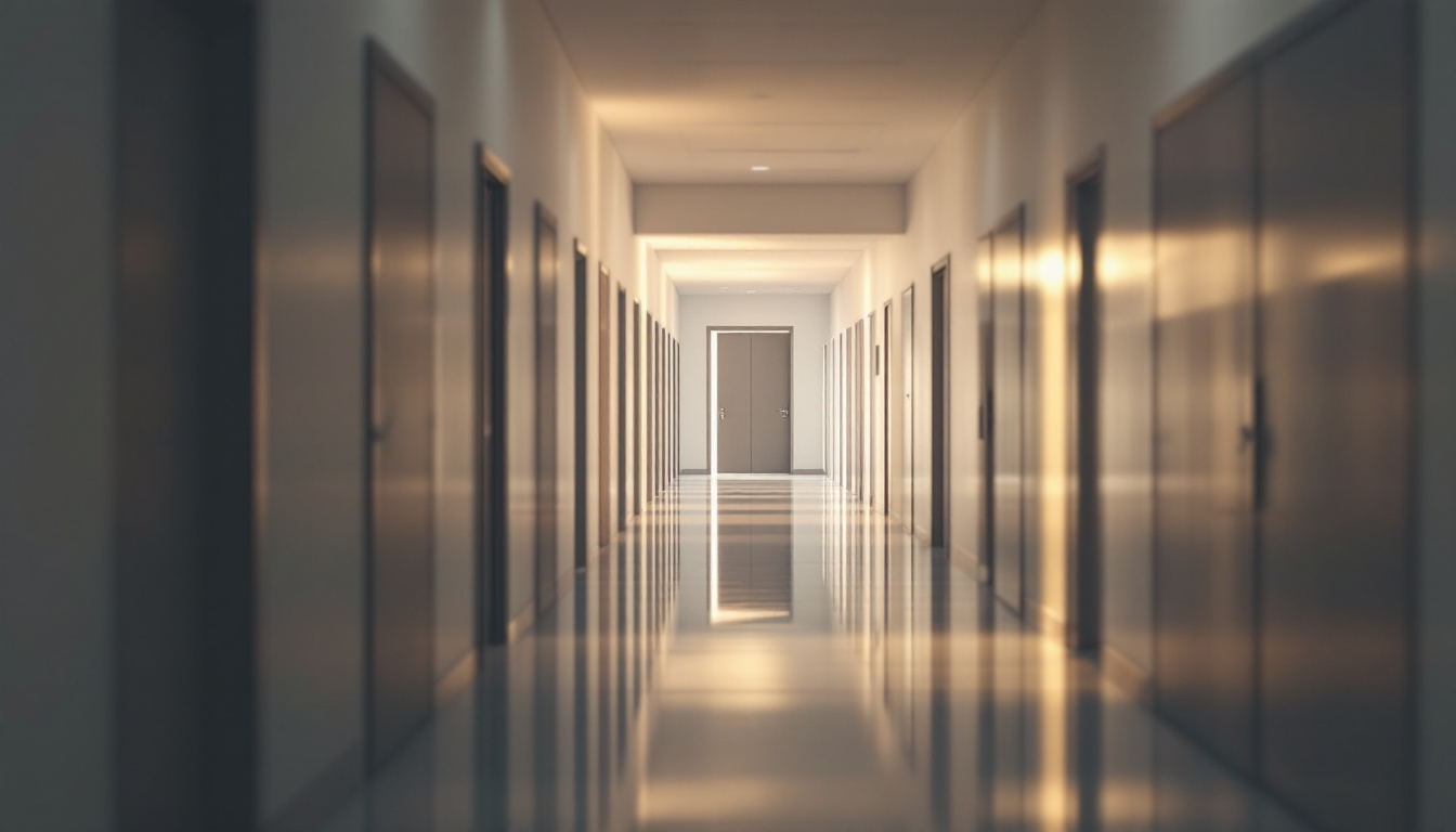 A long corridor lined with identical doors, lit warmly at the far end