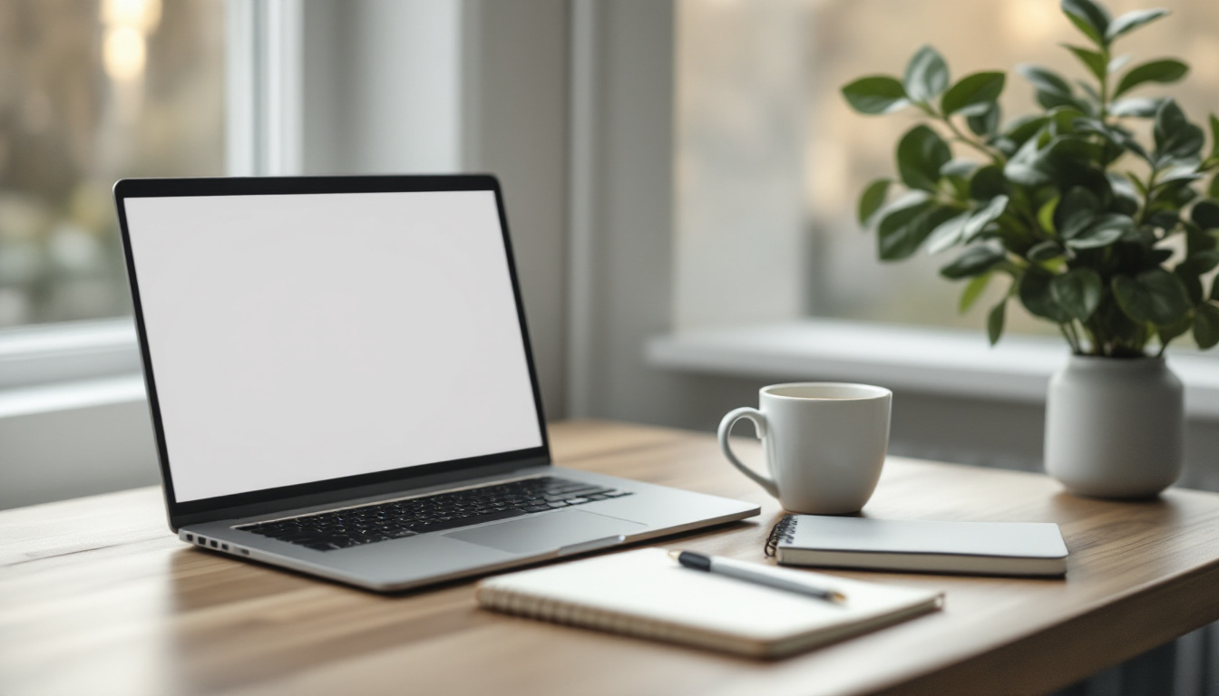A small kitchen table set up as a workspace with a laptop, a mug and a single notebook