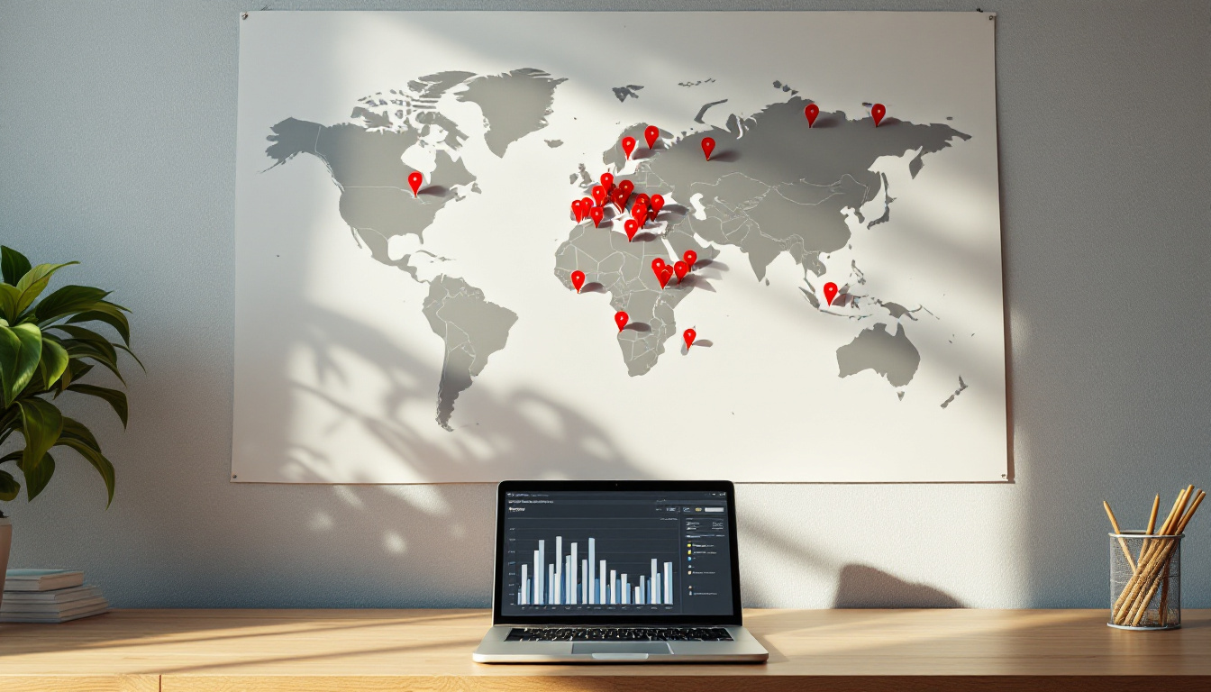 A wall map marked with red location pins above a desk with a laptop showing performance charts