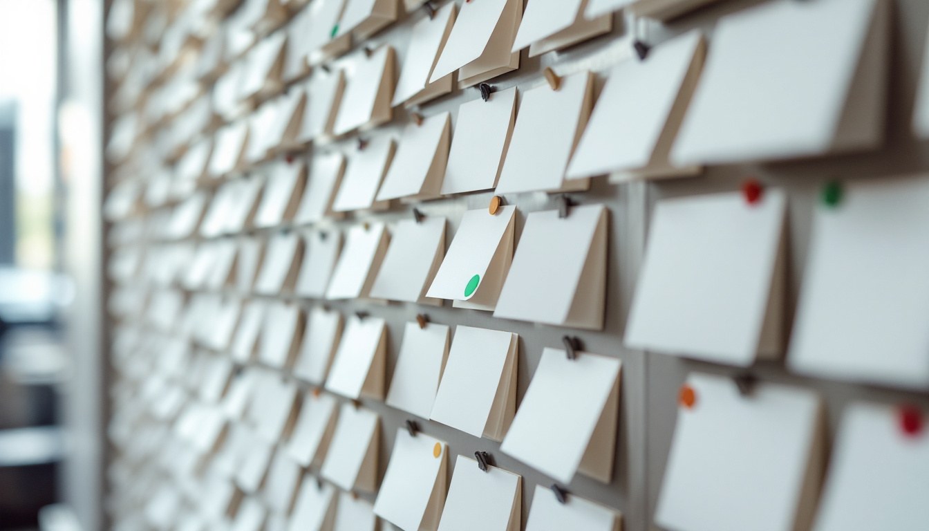 A wall covered in rows of small blank white cards, a few marked with green, orange and red dots