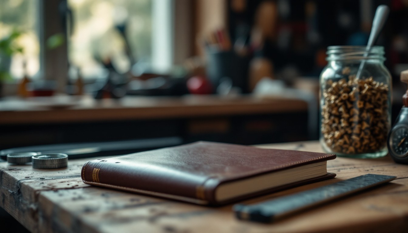 A closed leather-bound ledger on a worn workshop bench beside a steel ruler and a jar of screws