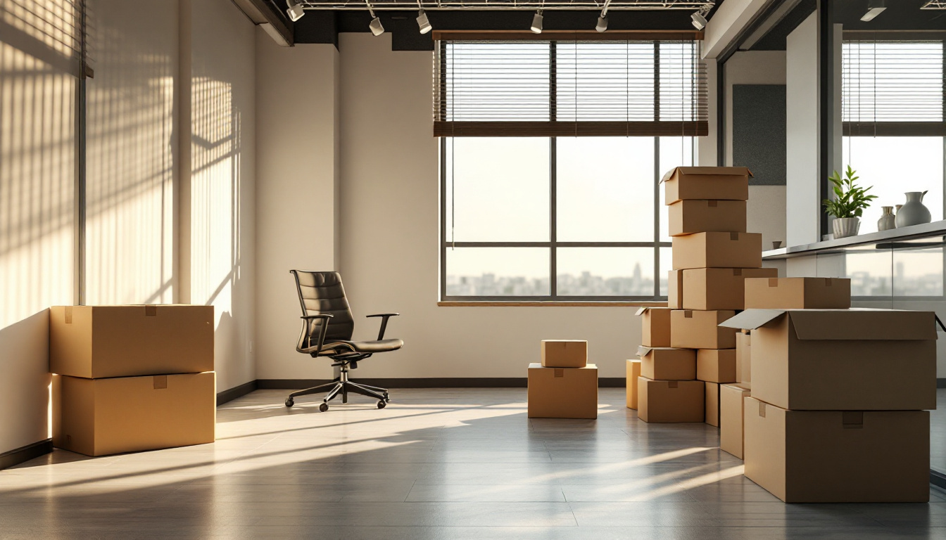Cardboard moving boxes stacked in an empty office with afternoon light through blinds