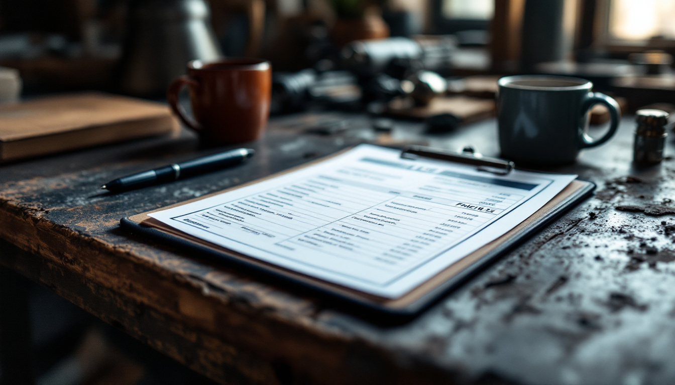 A printed price list on a clipboard resting on a workbench under warm window light