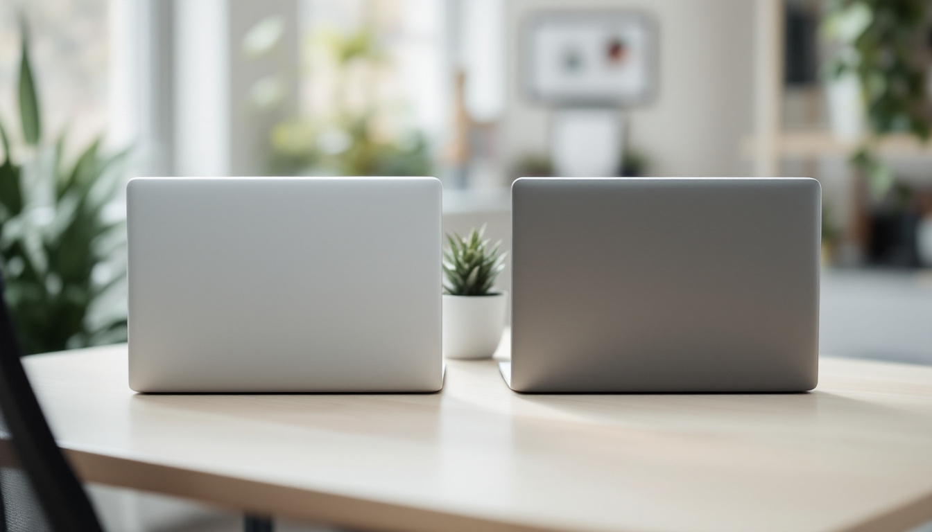 Two laptops standing back to back on a pale wooden desk beside a small potted plant, screens facing away