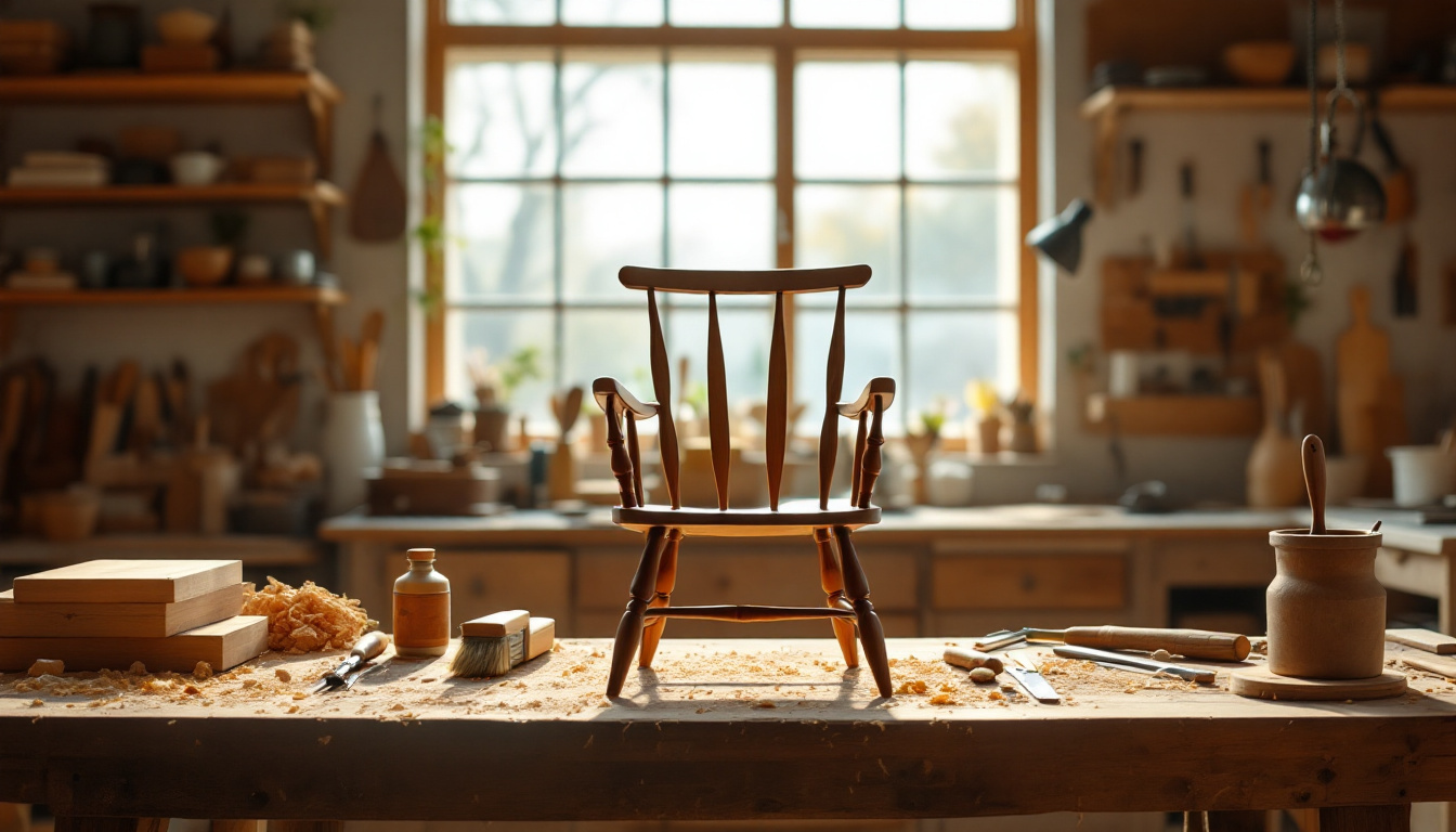 A wooden chair being restored on a sunlit workshop bench with hand tools laid out beside it