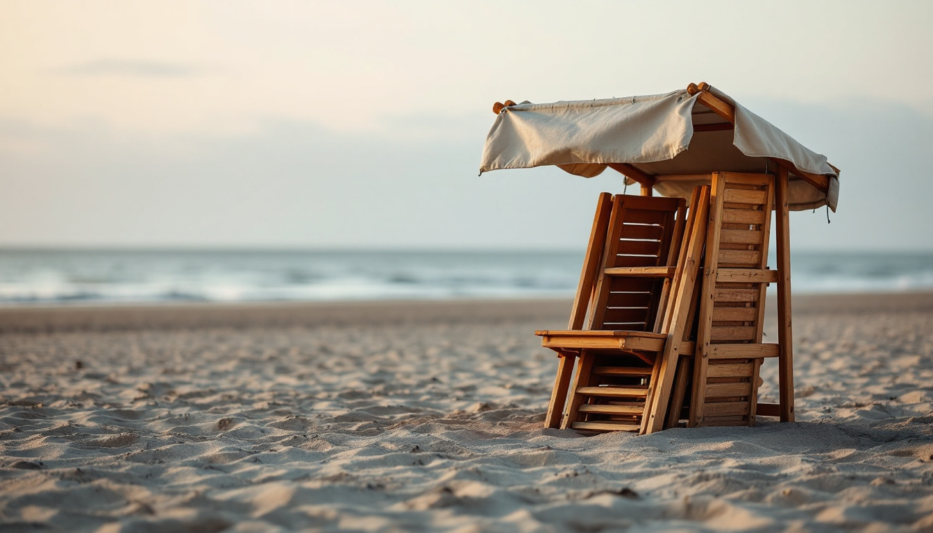 Stacked wooden deck chairs under a canvas cover on an empty beach in soft winter light