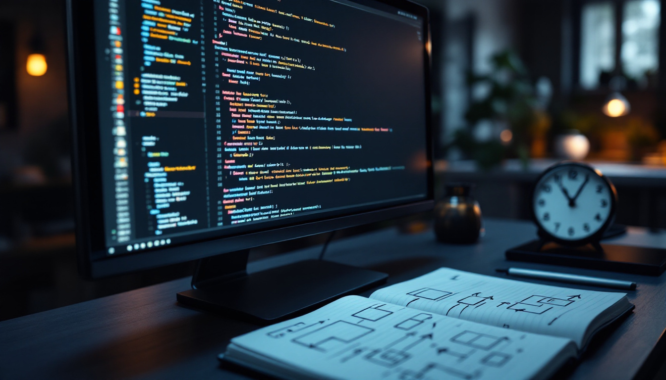 A monitor displaying formatted JSON code on a dark editor beside a notebook of handwritten diagrams